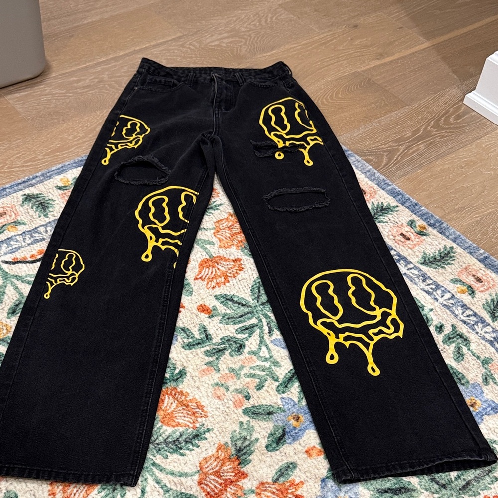 SHEIN Black Jeans with Yellow Drip Design